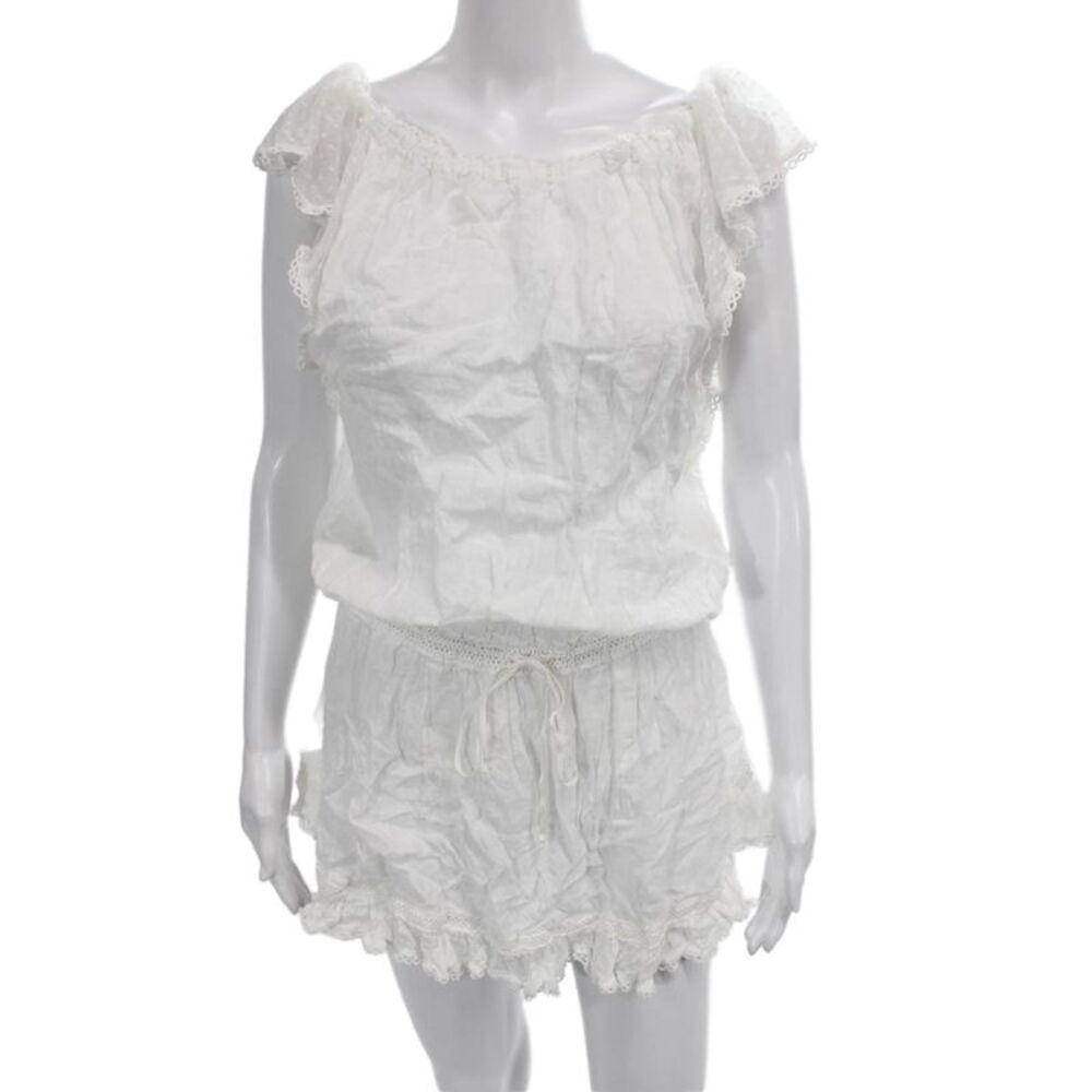Sunday Saint Tropez Women Mini Dress White Linen Scoop Neck Cap Sleeve Size S